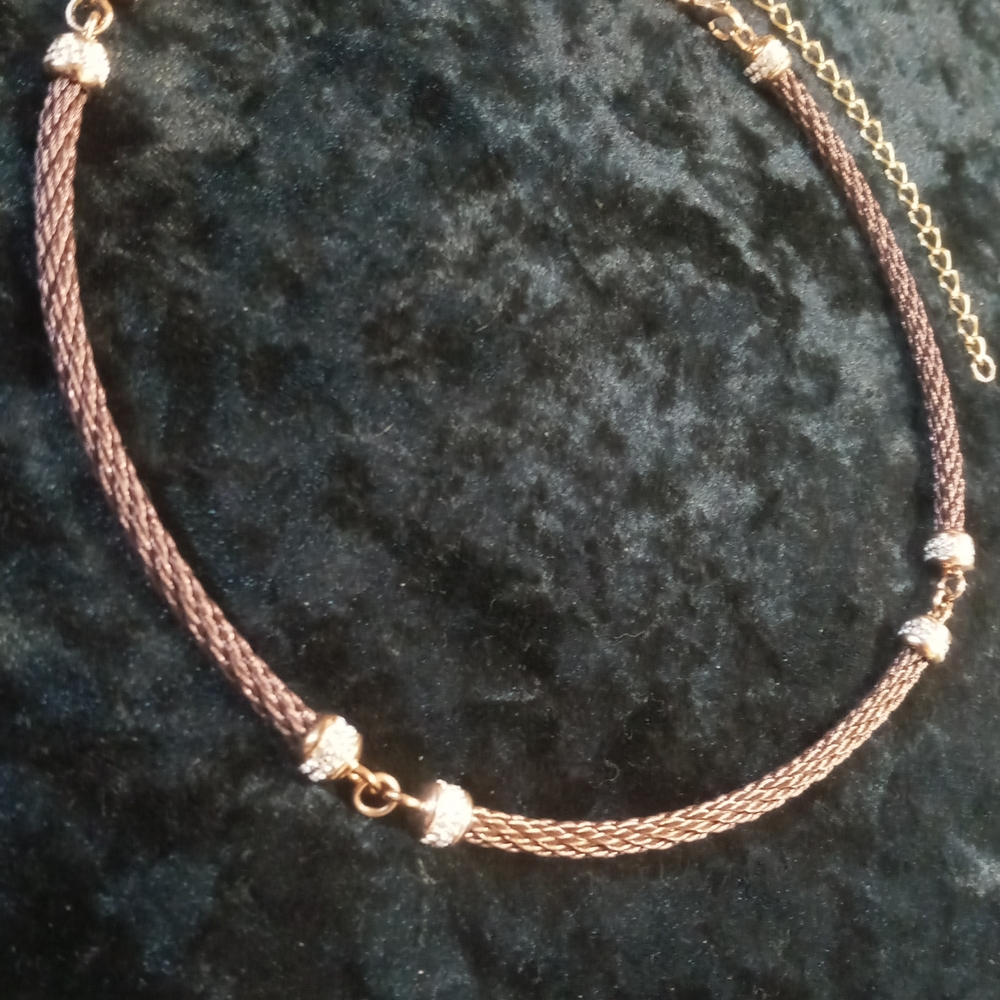 JCM Satin Brown Braided Stiff Cable with gold & Crystal Accents Necklace
